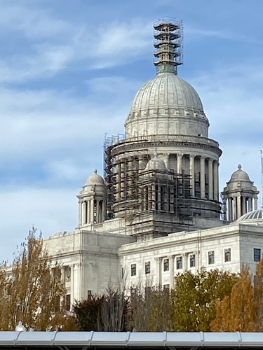 Rhode Island statehouse with Atlas scaffolding to access the Independent Man statue